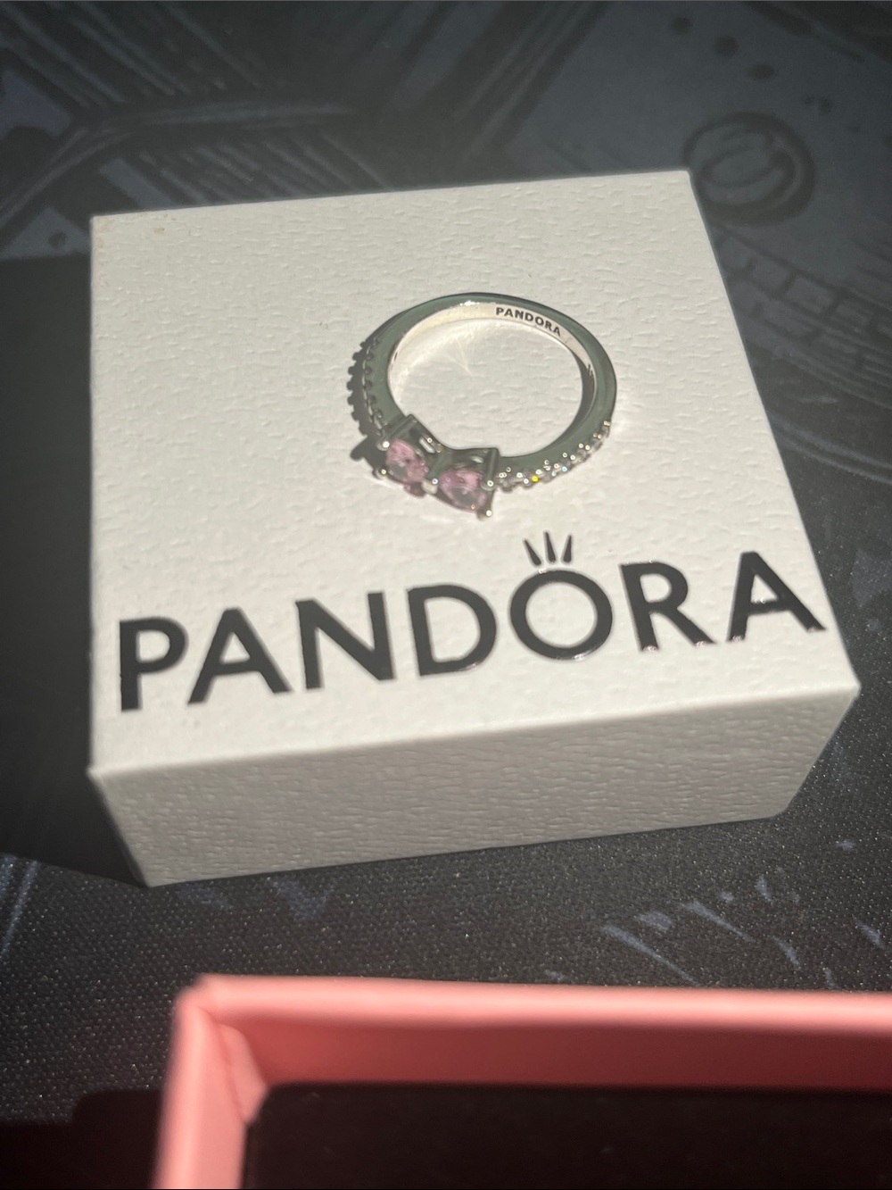 Pandora Silver Ring with Pink Heart Stones size 6